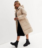 New Look Petite Mink Hooded Long Belted Puffer Jacket